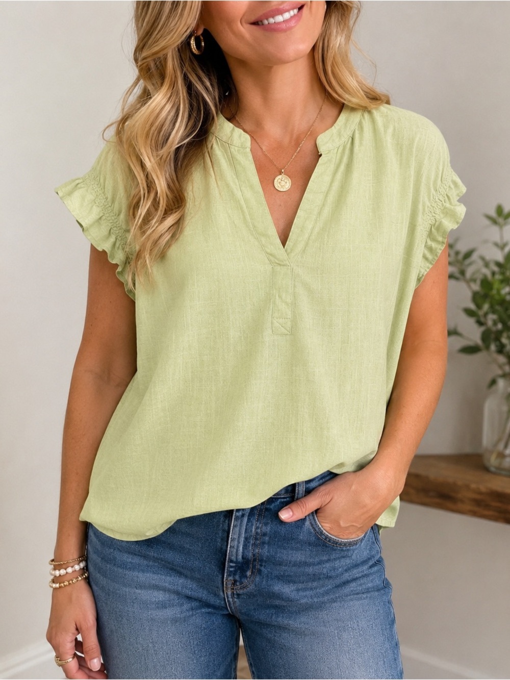 Flower & Feather Light Sage Green Linen Blend Flutter Sleeve Blouse Medium